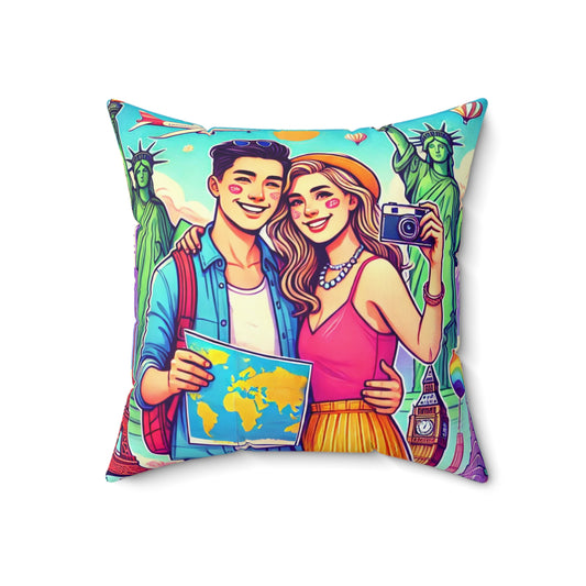 Travel Adventure Square Pillow - Fun Couple Design