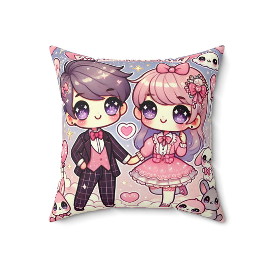 Cute Couples Kawaii Pillow - Spun Polyester Square Cushion for Home Decor