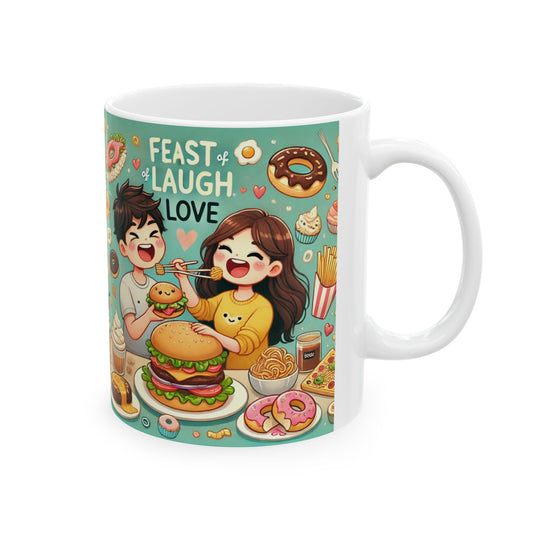Fun Foodie Ceramic Coffee Mug - Feast, Laugh, Love Design (11oz & 15oz)