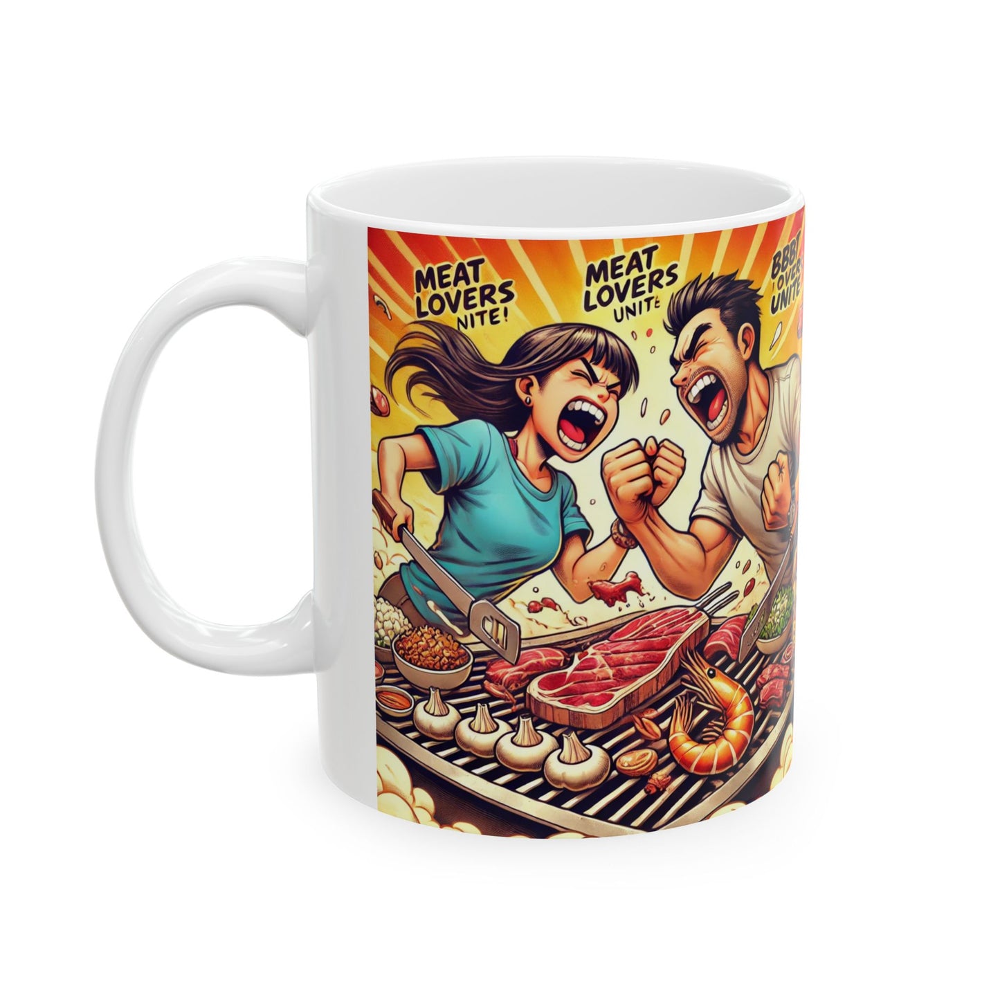 Meat Lovers Unite Ceramic Mug - Fun Foodie Gift for BBQ Enthusiasts