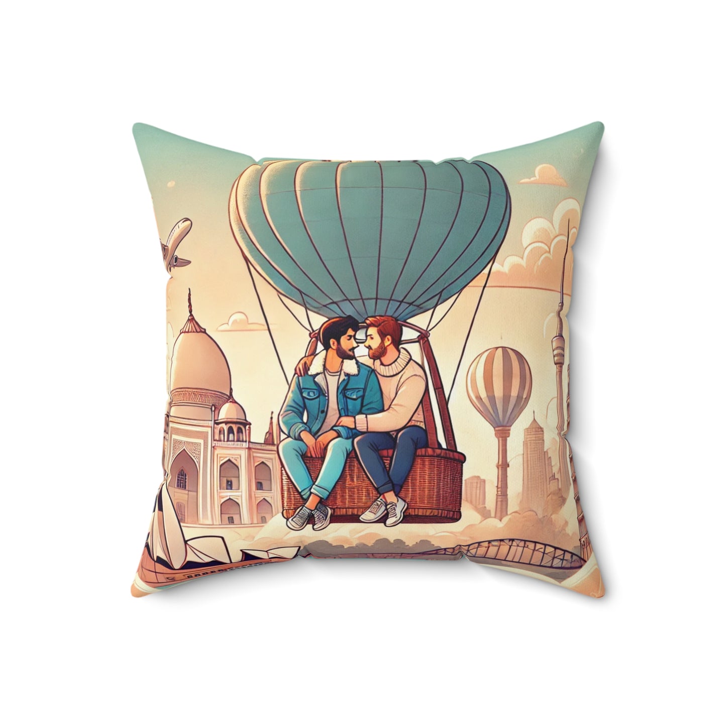 Romantic Hot Air Balloon Pillow - Cozy Spun Polyester Square Cushion for Couples