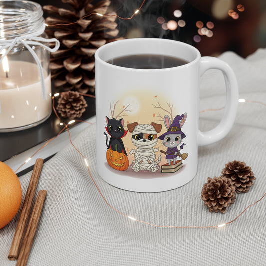 Halloween Themed Mug, Cute Animal Character Mug, Seasonal Coffee Cup, Spooky Decor, Perfect Gift for Cat Lovers