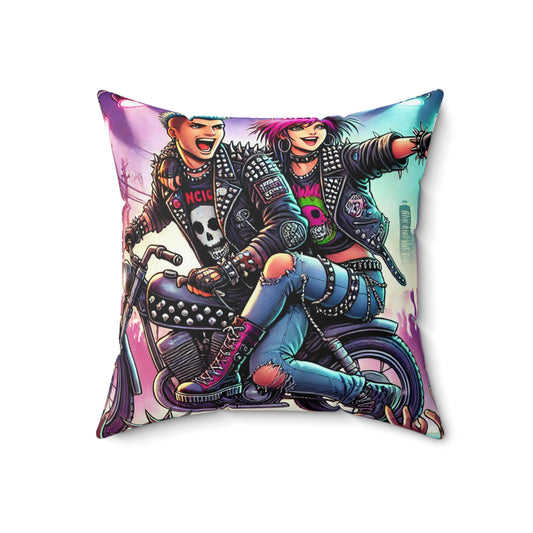 Punk Rock Motorcycle Pillow - Spun Polyester Square Cushion