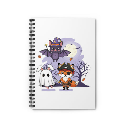 Halloween-Themed Spiral Notebook, Cute Pirate Fox, Bat & Bunny Drawing, Trick or Treat Journal, Spooky Stationery, Fall Decor