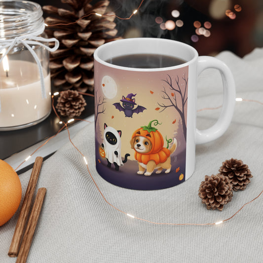 Halloween-Themed Animal Mug, Cute Pet Mug, Fall Decor Gift, Pumpkin Cat and Dog Design, Coffee Lover's Gift