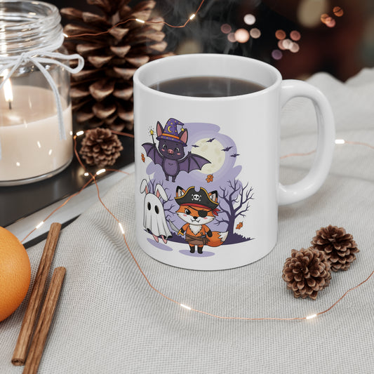 Whimsical Halloween Mug, Cute Animal Characters Coffee Cup, Autumn Drinkware, Trick-or-Treat Gift, Spooky Season Decor
