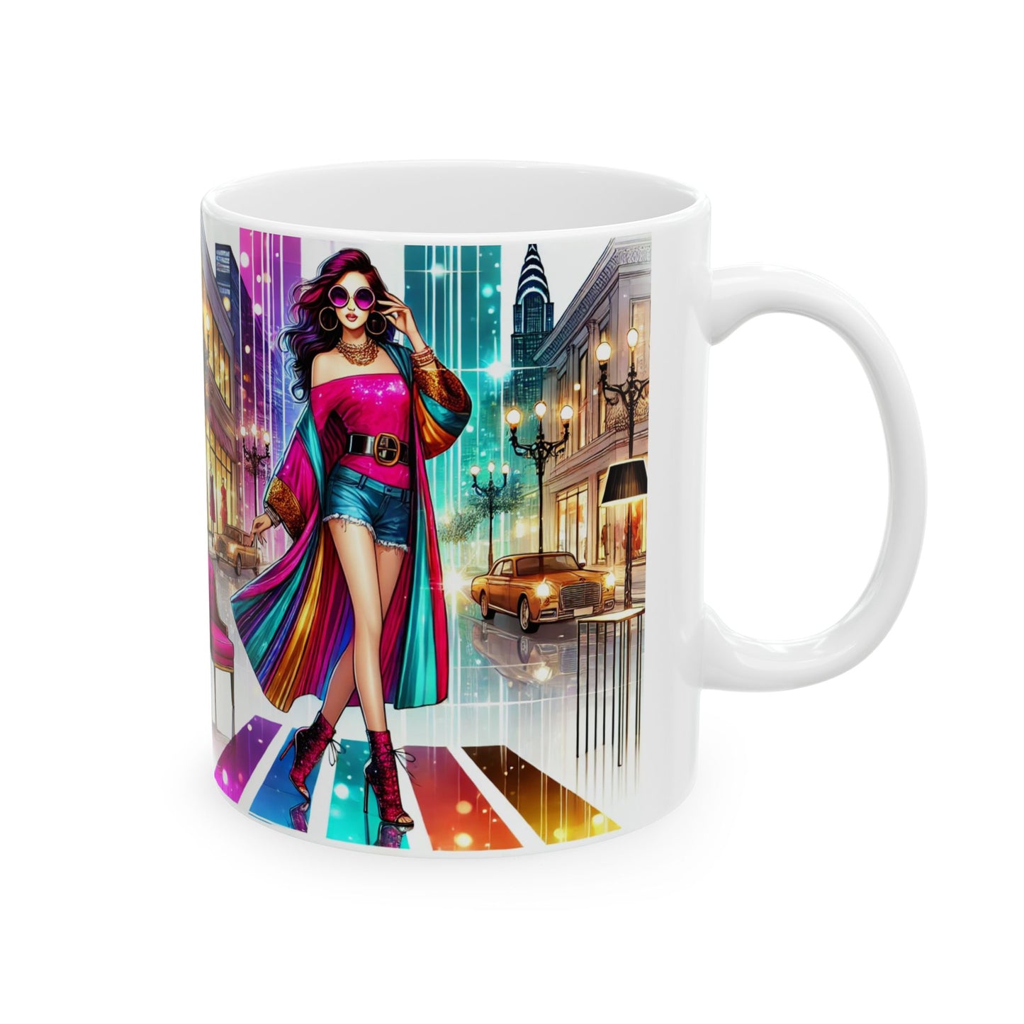 Fashionista Cityscape Ceramic Mug - Vibrant Design for Trendsetters