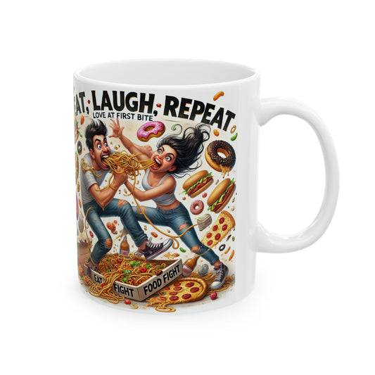 Laugh, Eat, Repeat Ceramic Mug - Fun Food Lover's Coffee Cup