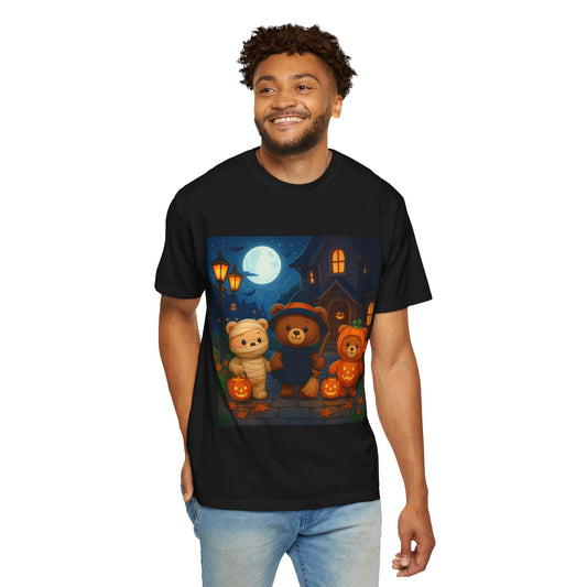 Halloween Bear T-shirt, Unisex Garment-Dyed Shirt, Cute Halloween Top, Cozy Fall Apparel, Kids and Adults Halloween Tee