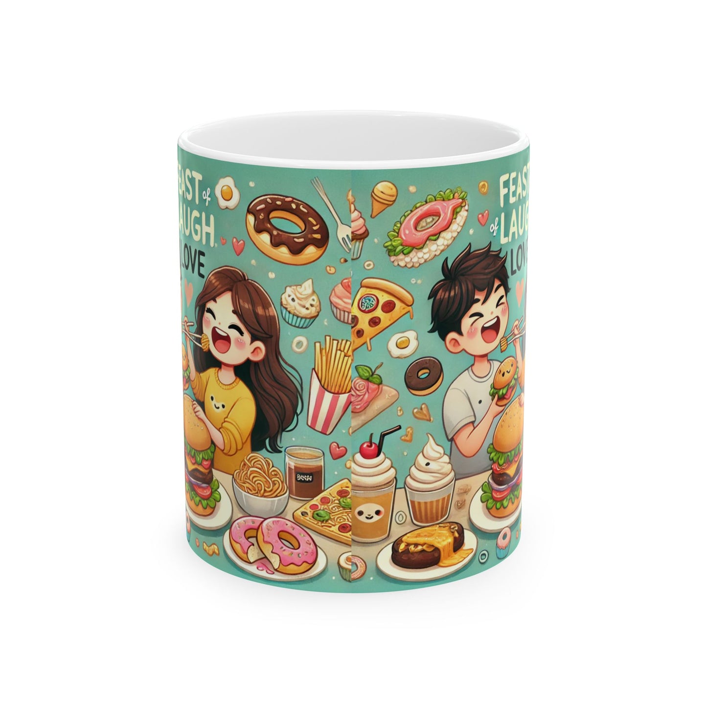 Fun Foodie Ceramic Coffee Mug - Feast, Laugh, Love Design (11oz & 15oz)