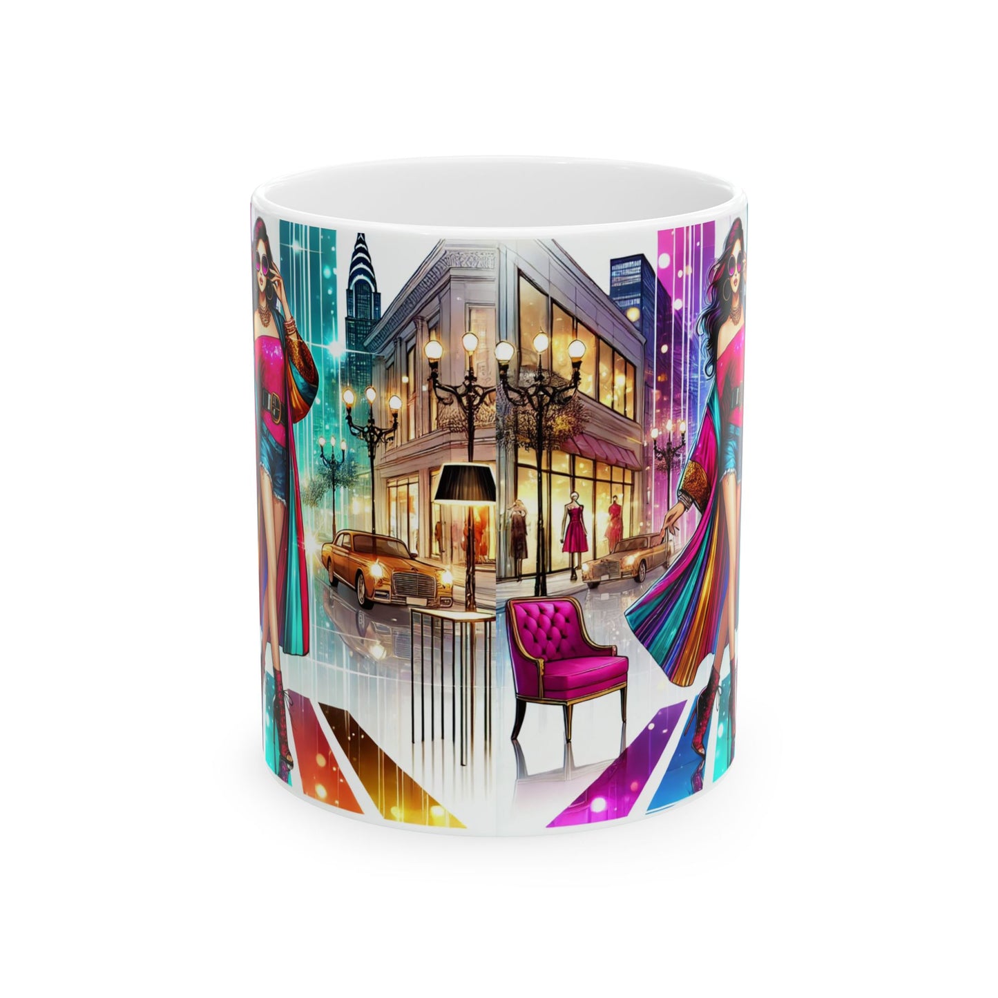 Fashionista Cityscape Ceramic Mug - Vibrant Design for Trendsetters