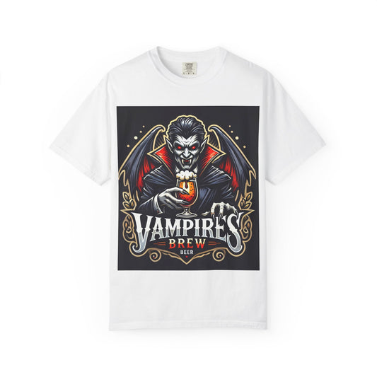 Vampire Brew Graphic T-Shirt, Spooky Halloween Apparel, Dark Fantasy Fashion, Gift for Beer Lovers, Unisex Casual Wear