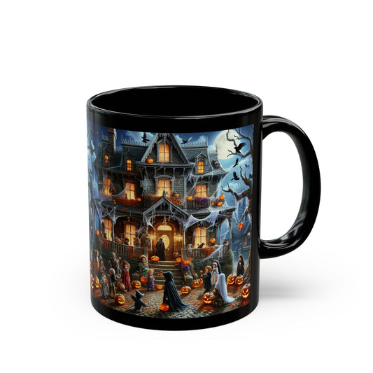 Halloween Pumpkin Scene Black Mug, Spooky Coffee Cup, Fall Decor, Autumn Gift, Haunted House Mug, Trick or Treat Cup