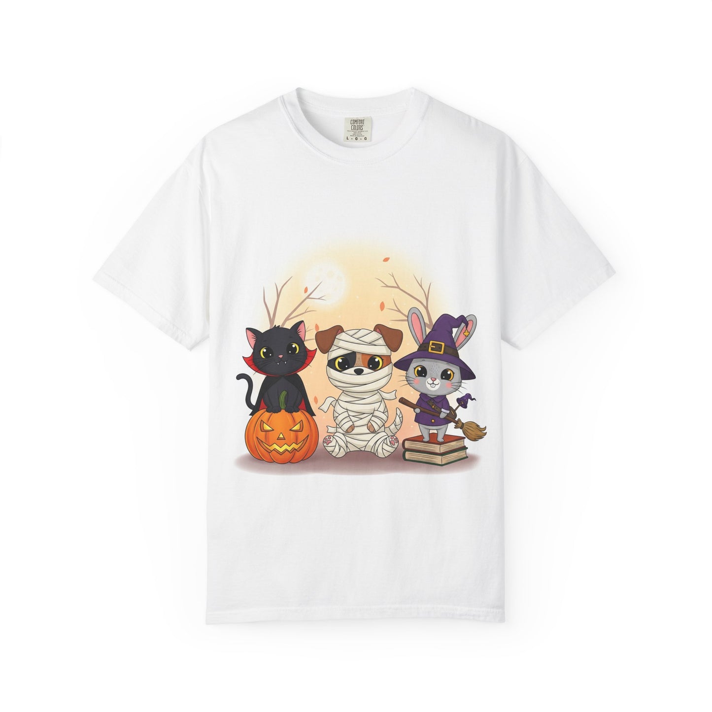Halloween Animal Friends T-Shirt | Cute Cat Mummy & Witch Design | Unisex Apparel, Fall Fashion, Spooky Season Gift, Pet Lover Shirt