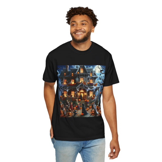 Halloween House Graphic T-shirt, Unisex Tee, Spooky Season Apparel, October Festivity Wear, Trick or Treat Shirt