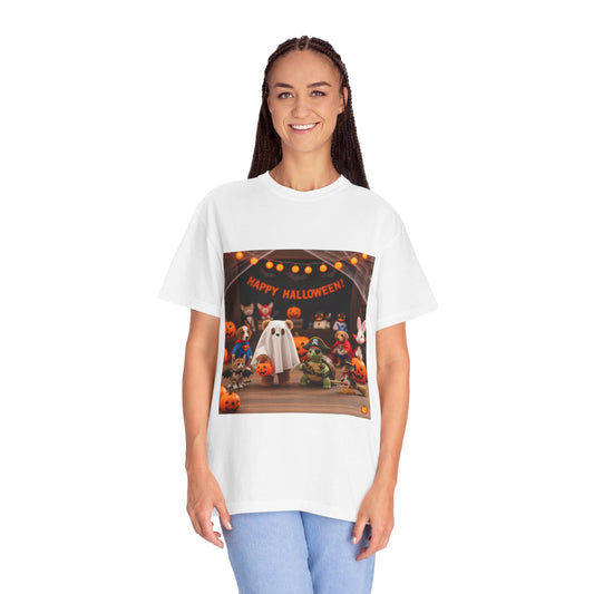Happy Halloween Unisex Garment-Dyed T-Shirt, Spooky Tee, Fall Fashion, Halloween Costume, Ghostly Shirt, Pumpkin Party Wear