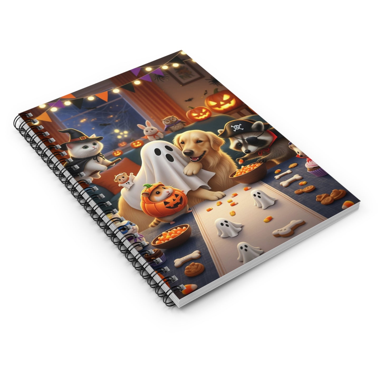 Halloween-Themed Spiral Notebook, Cute Pets Ghosts Party Journal, Fall Stationery Gift, Spooky Note Taking, Halloween Celebration