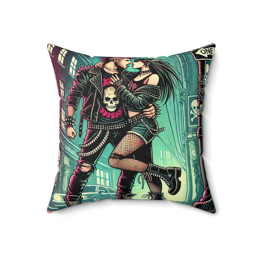 Punk Rock Love Square Pillow - Edgy Design with Kissing Couple