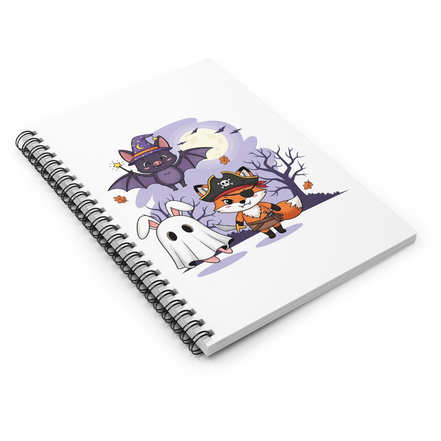 Halloween-Themed Spiral Notebook, Cute Pirate Fox, Bat & Bunny Drawing, Trick or Treat Journal, Spooky Stationery, Fall Decor