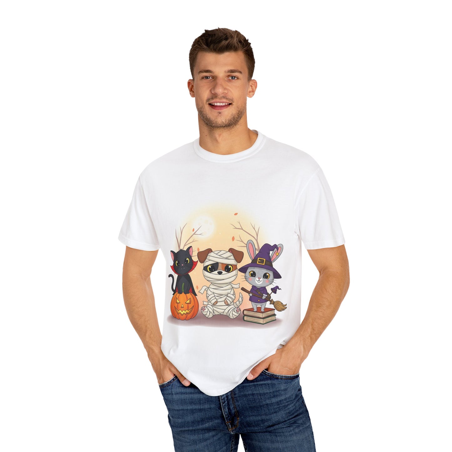 Halloween Animal Friends T-Shirt | Cute Cat Mummy & Witch Design | Unisex Apparel, Fall Fashion, Spooky Season Gift, Pet Lover Shirt