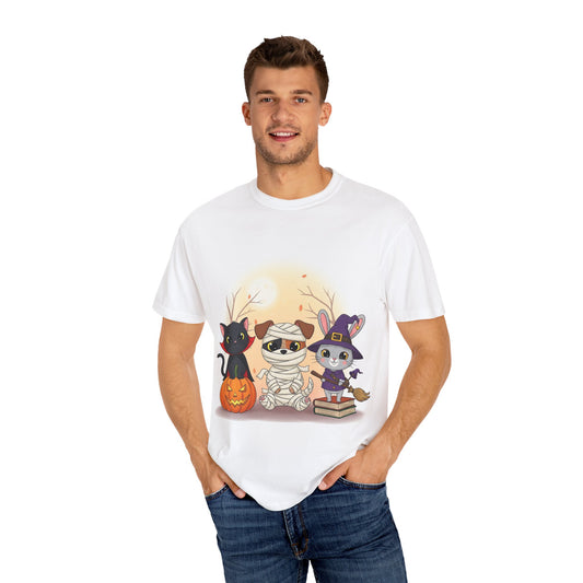 Halloween Animal Friends T-Shirt | Cute Cat Mummy & Witch Design | Unisex Apparel, Fall Fashion, Spooky Season Gift, Pet Lover Shirt