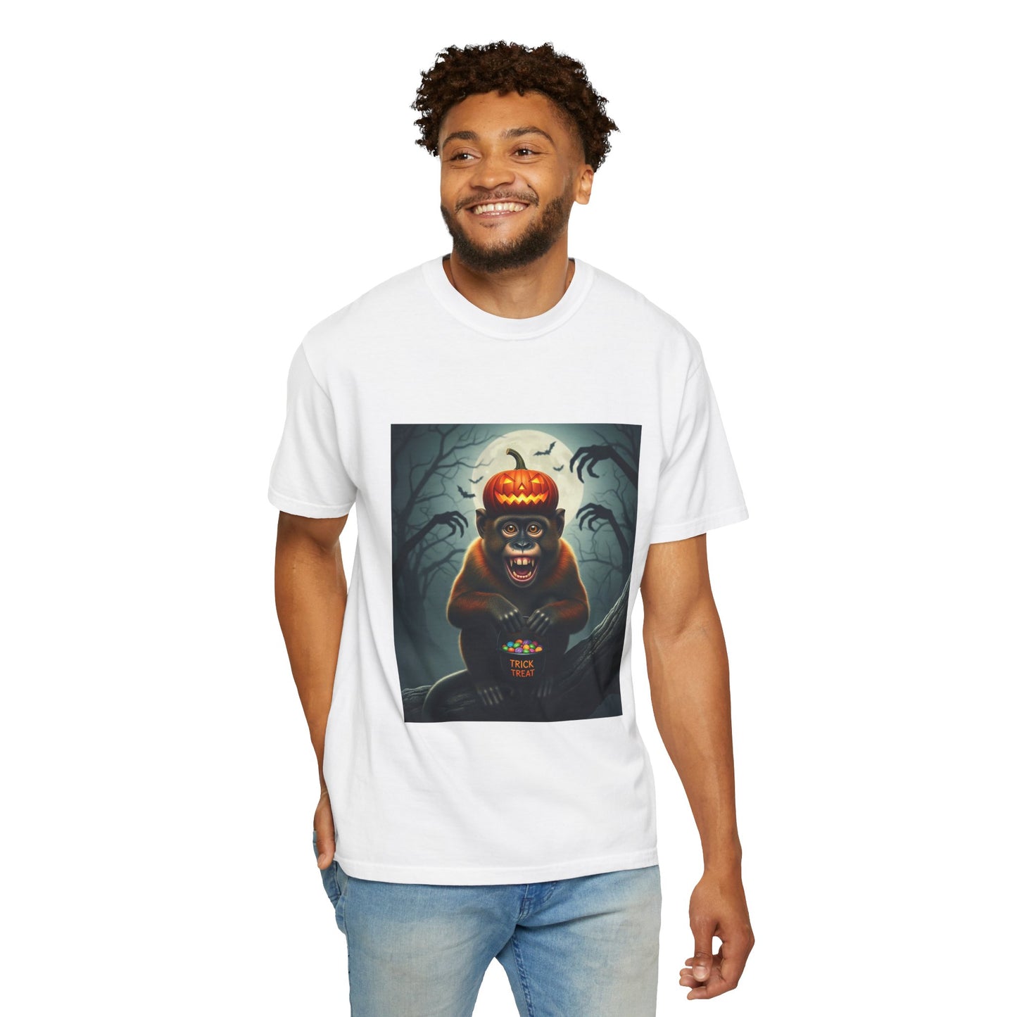 Halloween Monkey Graphic T-shirt, Unisex Tee for Halloween, Pumpkin Design, Spooky Shirt, Fun Costume Top