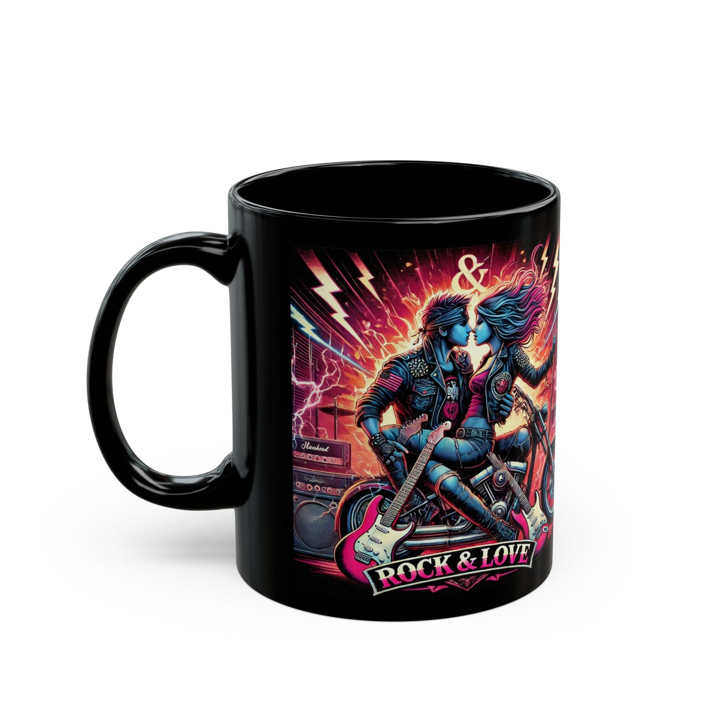 Rock & Love Motorcycle Mug - 11oz & 15oz Black Coffee Cup for Bikers, Music Lovers, Gift Idea