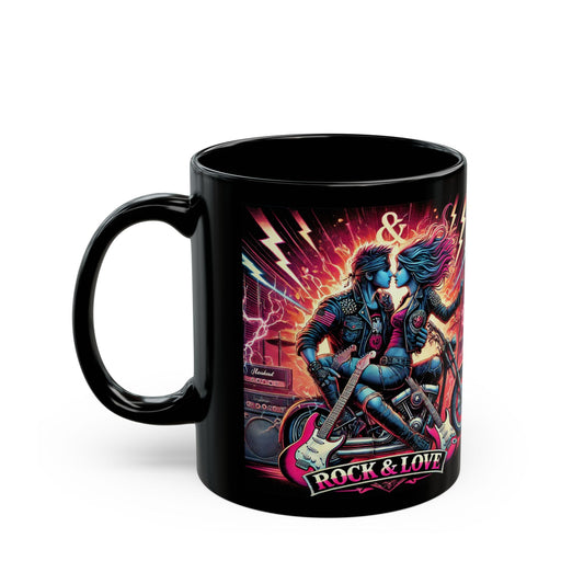 Rock & Love Motorcycle Mug - 11oz & 15oz Black Coffee Cup for Bikers, Music Lovers, Gift Idea