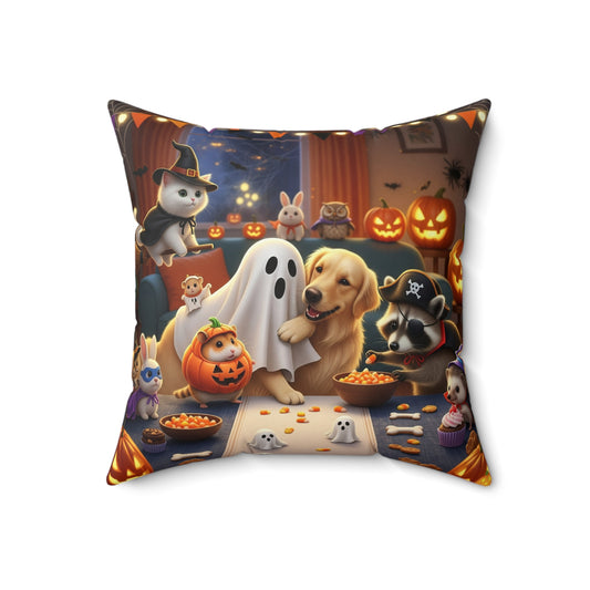Halloween Pet Party Pillow, Spun Polyester Square Pillow, Fall Decor, Cozy Home Decoration, Pet Lovers Gift, Seasonal Cushion