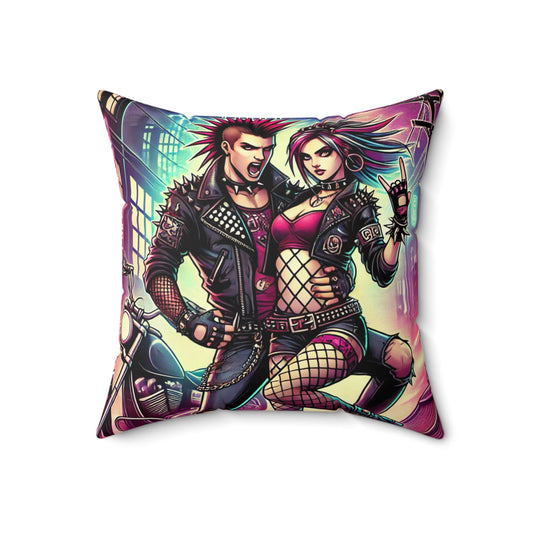 Punk Rock Couple Square Pillow - Decorative Spun Polyester Cushion