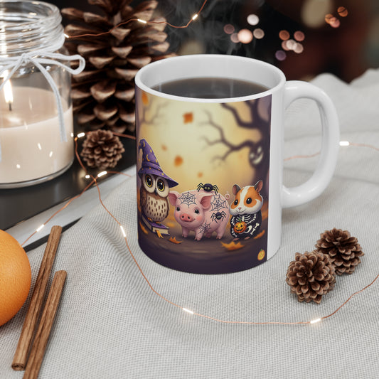 Whimsical Halloween Mug, Cute Owl Pig Themed Coffee Cup, Fall Decor Gift for Animal Lovers, Halloween Enjoyment