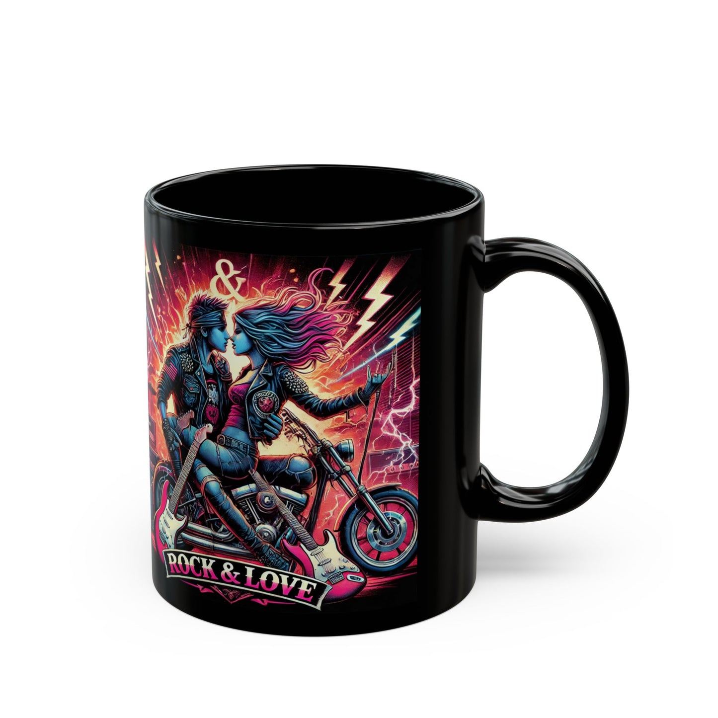 Rock & Love Motorcycle Mug - 11oz & 15oz Black Coffee Cup for Bikers, Music Lovers, Gift Idea