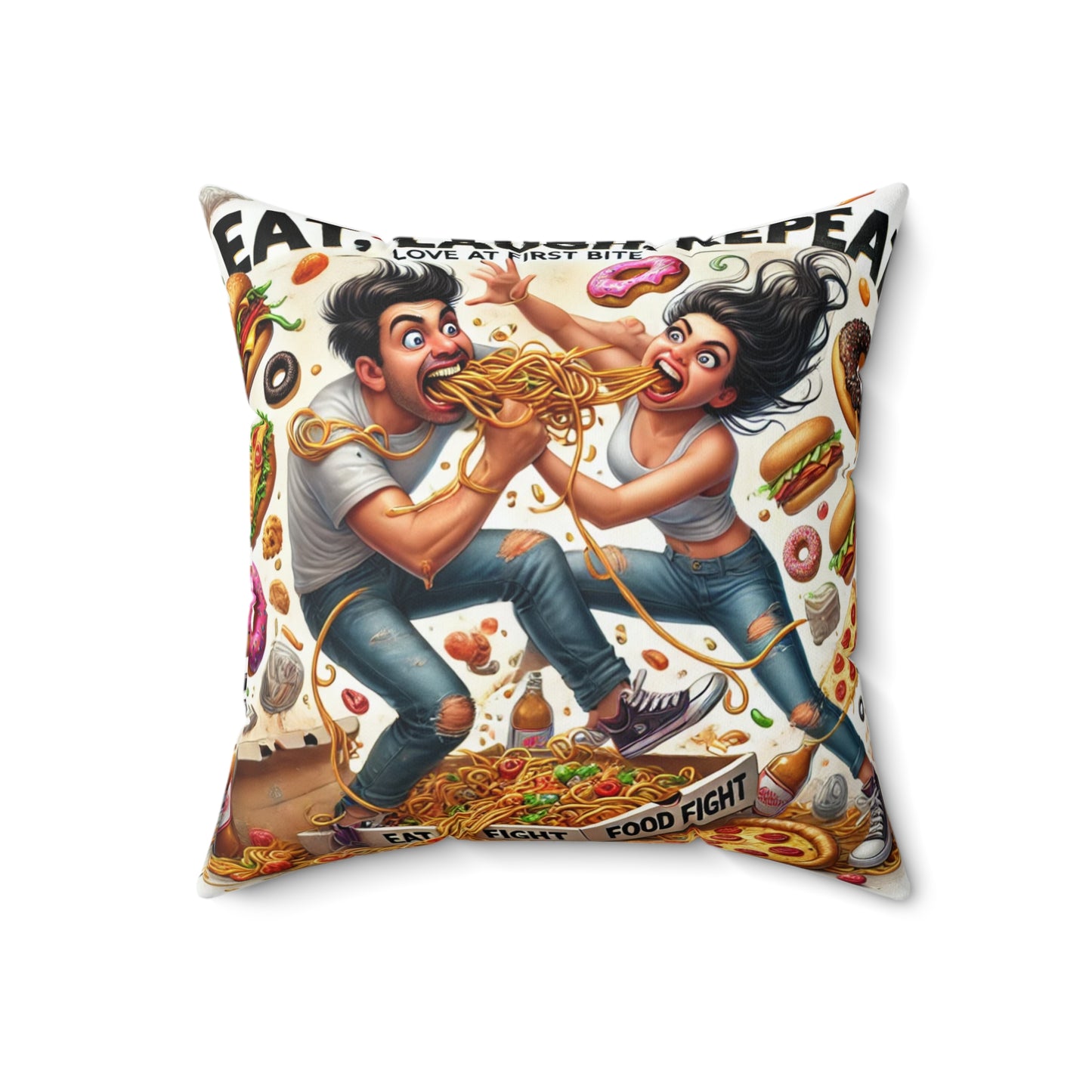 Food Fight Love Pillow - Eat, Drink, Repeat Decorative Cushion