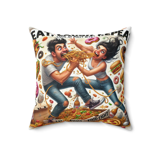 Food Fight Love Pillow - Eat, Drink, Repeat Decorative Cushion